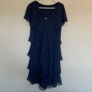 SLNY Navy Ruffle Cap Sleeve Dress with Crystal Embellishment, Dry Cleaned